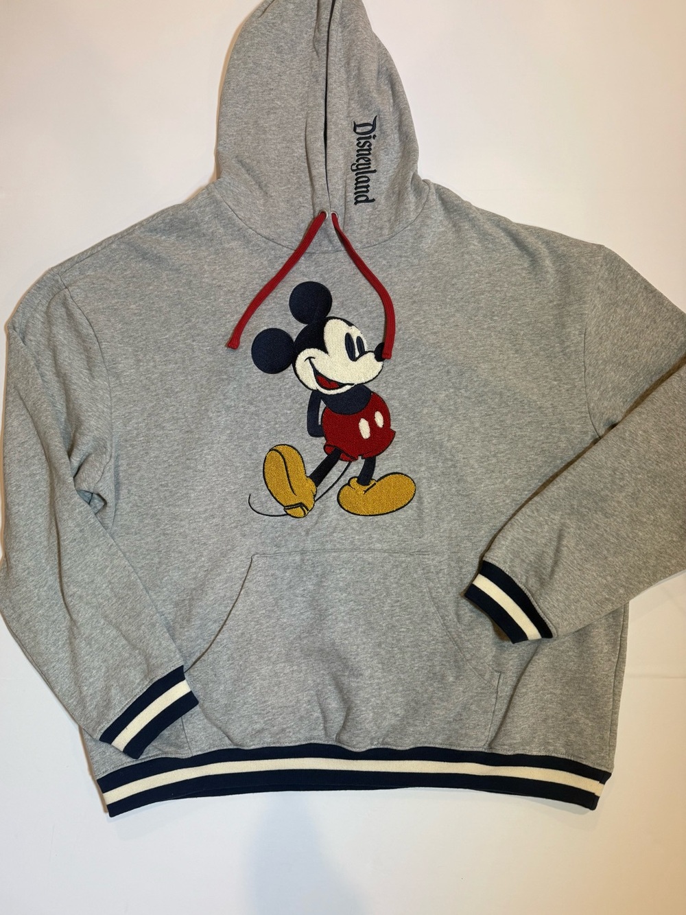 Disney Gray Hoodie with Embroidered Mickey and Red Drawstrings